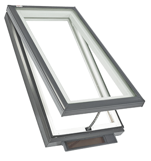 A VELUX VCS skylight diagram shown opening on the exterior by Wisconsin Sunlight Solutions.