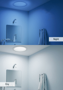 A night and day example of a bathroom with a VELUX residential sun tunnel skylight from Wisconsin Sunlight Solutions.