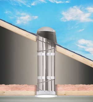Diagram graphic of a rigid residential sun tunnel skylight from Wisconsin Sunlight Solutions leading from roof to ceiling.
