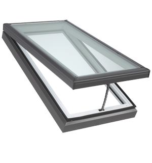 A VCM VELUX skylight opening up on the exterior on a transparent background by Wisconsin Sunlight Solutions.